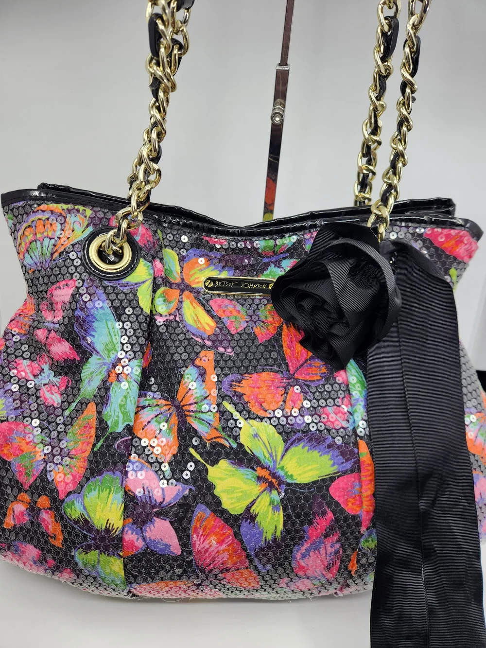Betsey Johnson Butterfly Sequin Satchel Bag - Black
